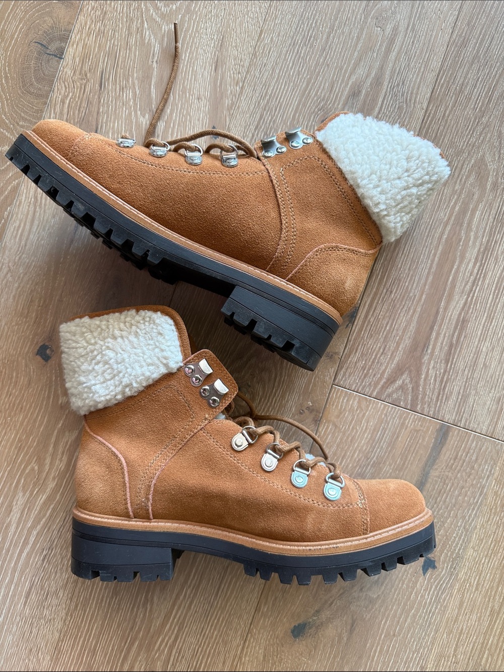Marc Fisher Women's Tan Suede Shearling-Collar Hiking Boots